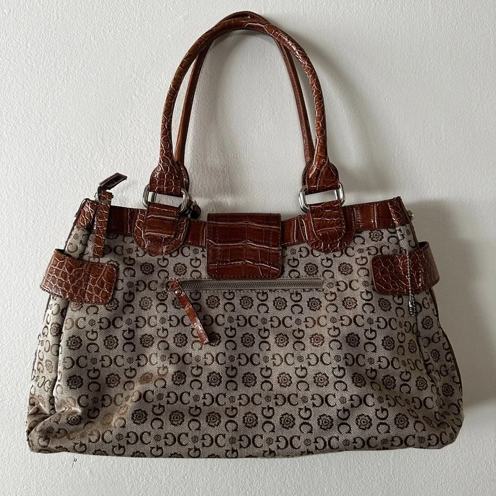 RARE Guess Monogram Canvas Brown Croc Embossed Bag Satchel‎ G Logo Buckle Y2K
